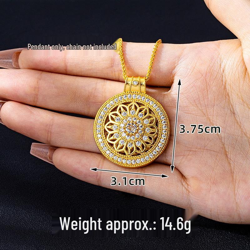Ожерелье-подвеска Компас Восемь Сокровищ из вьетнамского песочного золота - Модный придворный стиль с ажурным цветочным дизайном, инкрустированным бриллиантами, для женщин