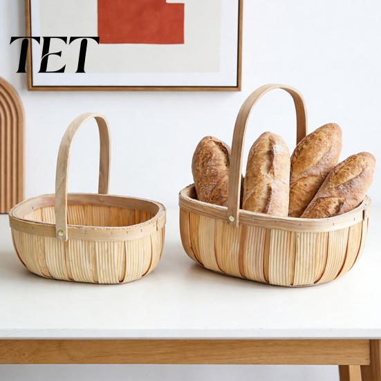 Woven Wood Gift Basket Handmade Storage Basket, Oval Organizer with Reinforced Handle, Desktop Sundries Container Large Capacity Bin for Kitchen