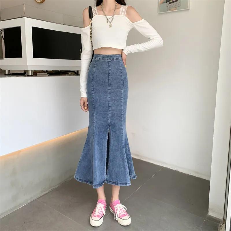 Юбка из джинсов с застежкой «рыбий хвост» женская летняя юбка-трапеция с разрезом, джинсовая юбка-миди с оборками, высокая талия, сексуальная обтягивающая джинсовая юбка