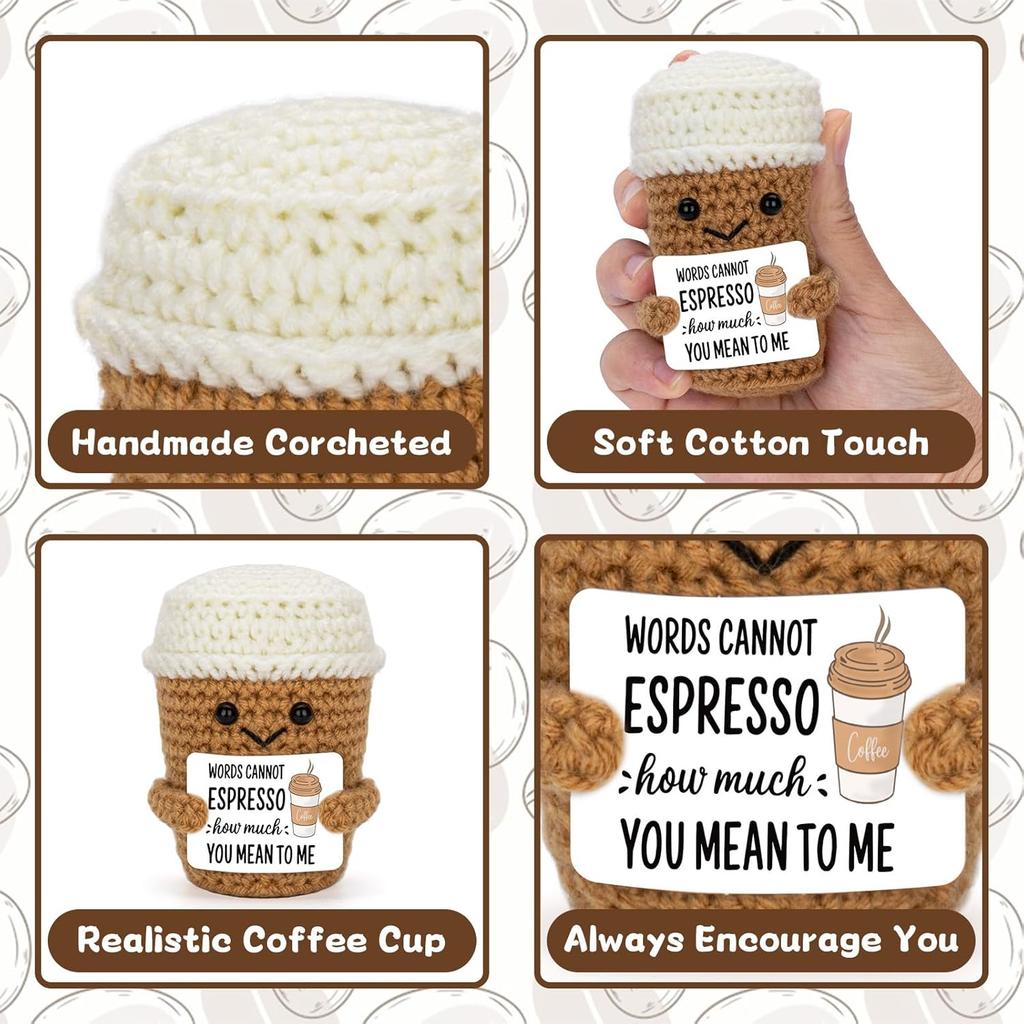 Funny Crochet Emotional Support Coffee Doll With Card Desktop Ornament Handmade Knitted Coffee Dolls Christmas Gifts Home Decor