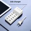 US/EU Smart 10-Port Fast-Charging USB Charger for Mobile Phones Flat Panel Home Office Power Station with Travel Usage Features