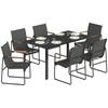 7-Piece Steel Outdoor Set with Tempered Glass Table and 6 Breathable Texteline Chairs. Black