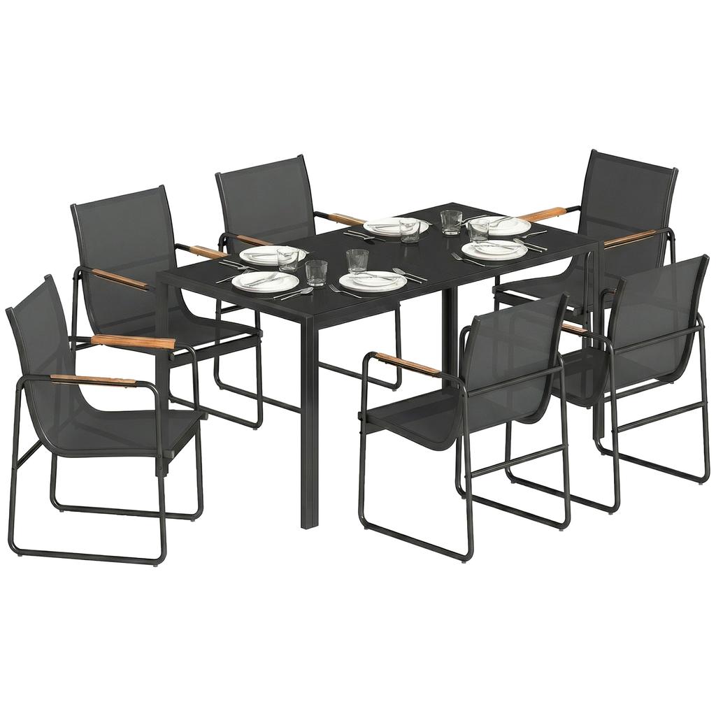 Outdoor Dining Set, 7-Piece, for 6 People, Glass Table, Chairs, Weather-Resistant Mesh, Black