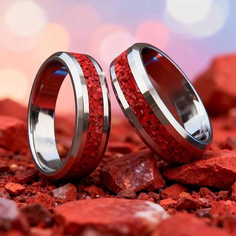 Valentine's Day Gifts With Red Stone Inlay Ring Fashion Silver Color Men Stainless Steel Rings for Men Women Wedding Jewelry