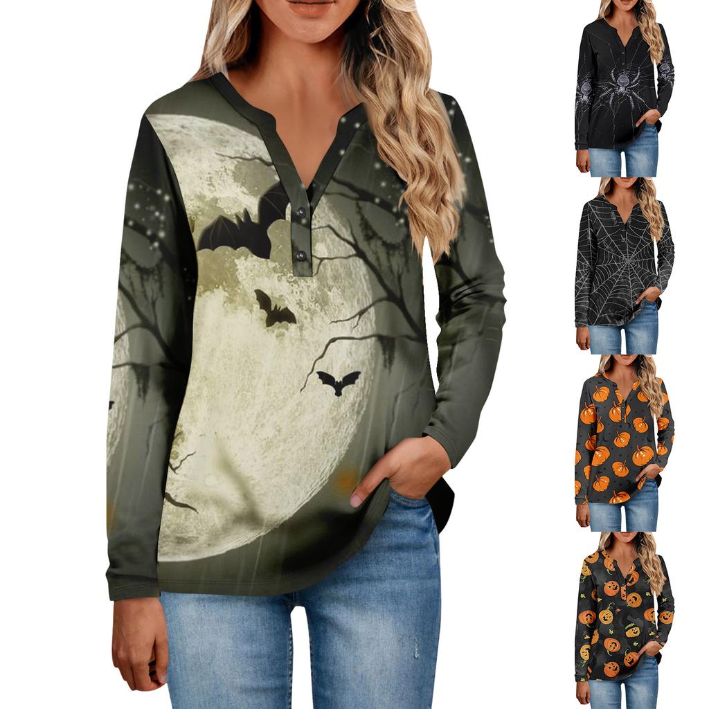 Women's Button Neck Tops Women's Casual Everyday Tops Long Sleeve V Neck Fashion Print Shirt Tops Pocket Tee Sweatshirts