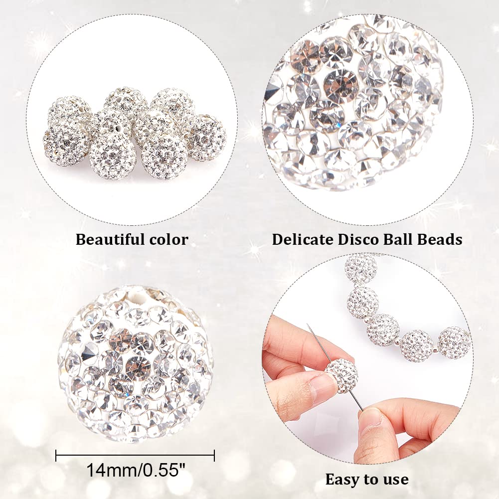 OLYCRAFT 50 Pieces Rhinestone Beads, Ball Beads, 14mm, Grade A, Resin Clay, for Jewelry, Pendants, DIY Crafts, Handmade, White, 1mm Hole