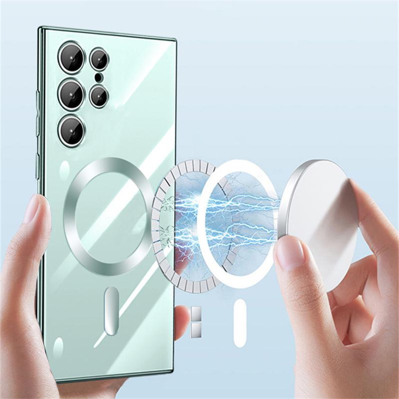 Противоударный чехол Magsafe с магнитной беспроводной зарядкой для телефона Samsung Galaxy S23 Ultra S22 Plus Ultra S21 + прозрачная стеклянная линза, мягкая обложка