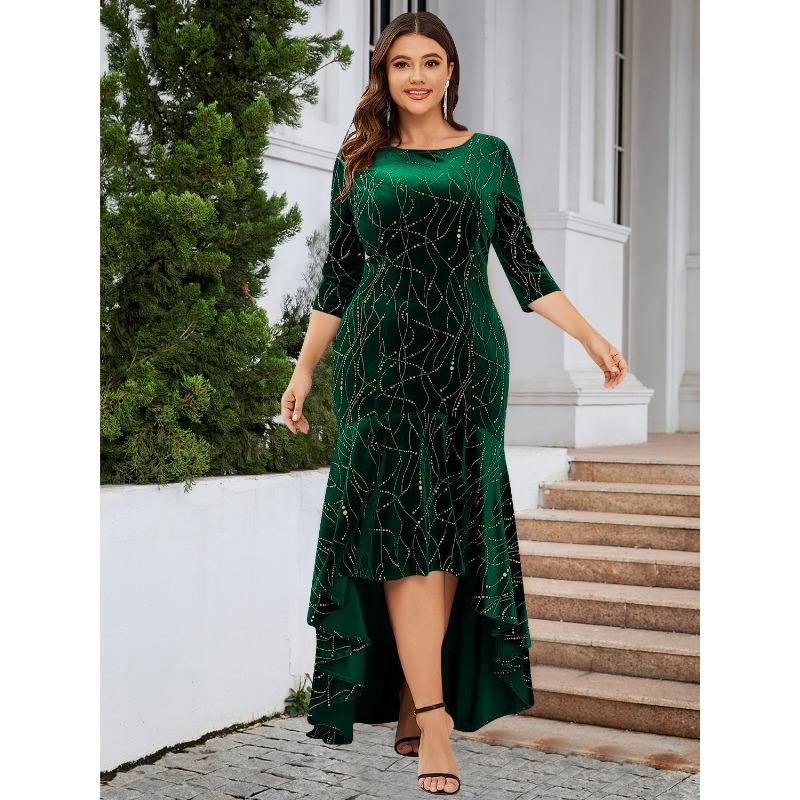 Women's Dress Plus Size Three-quarter Sleeve Mermaid High Low Hem Extra Long Velvet Dresses