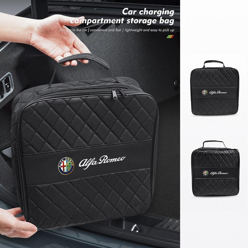 MABX8 Car Charging Cable Storage Bag Trunk Organizer For Alfa Romeo 147 MiTo Giulia 156 159 Stelvio 4C Giulietta Brera Disco Volante