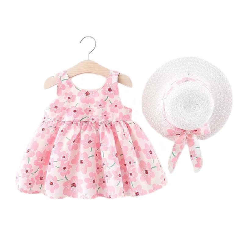 2 шт., милая летняя одежда, пляжные платья для маленьких девочек, повседневный модный принт, милое платье принцессы с бантом и цветком + шапка, комплект одежды для новорожденных
