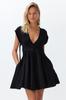 Women Fashion Beach Strap Sleeve Mini Black Mini Woven Cut Out Window Linen Blended Beach Dress