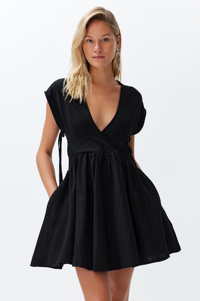 Women Fashion Beach Strap Sleeve Mini Black Mini Woven Cut Out Window Linen Blended Beach Dress