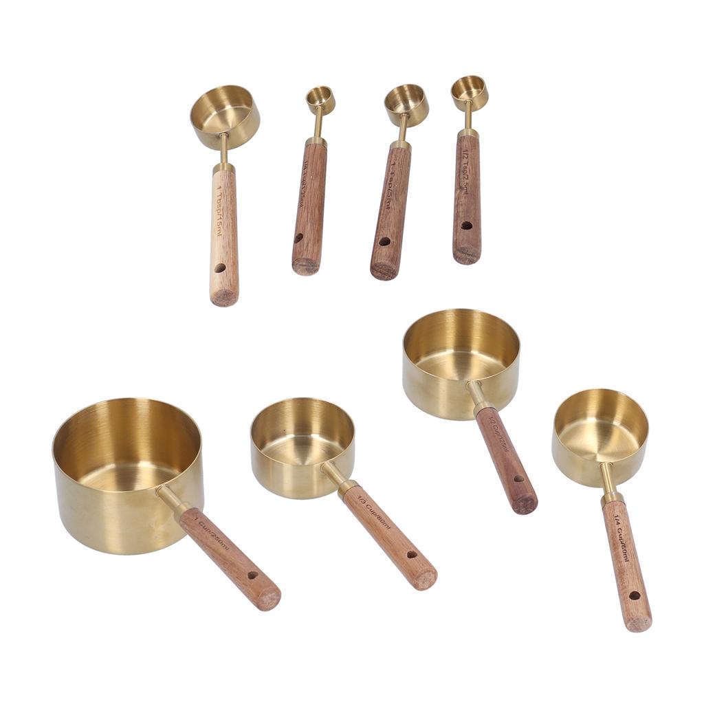 8Pcs Stainless Steel Measuring Cup with Wooden Handle Bartending Scale Measuring Spoon Baking Tool