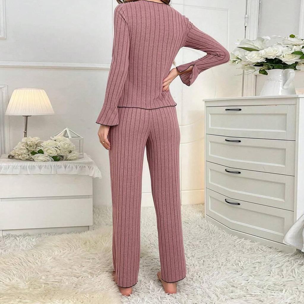 European & American Women's Casual Long-Sleeve Pajama Set with Bow