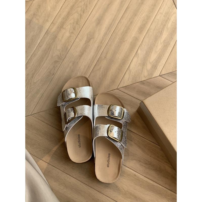 ~ Retro Double Buckle Belt Outer Wear Thick Bottom Heightening Beach Slippers Summer Outer Wear Women