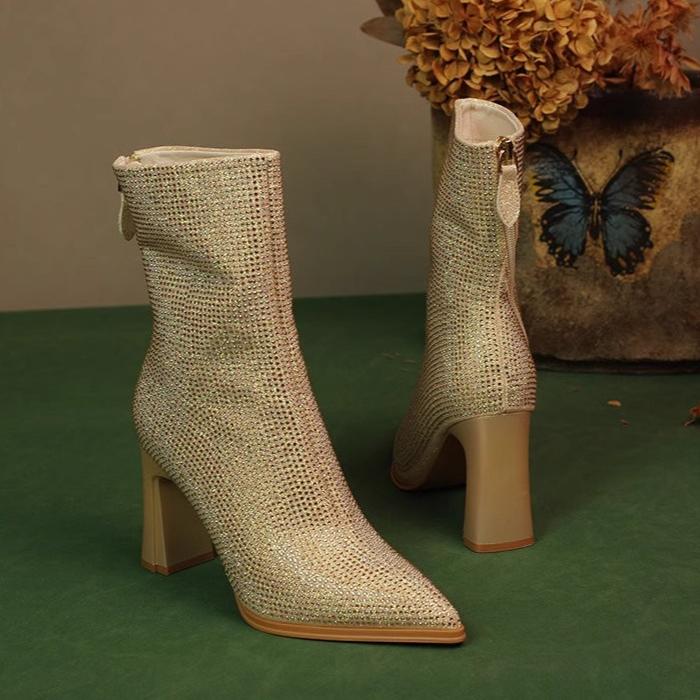 Женские ботильоны на высоком каблуке с кристаллами, роскошные туфли с острым носком, новинка зимнего тренда, элегантные туфли для вечеринок, модные туфли Chelsea Botas Mujer