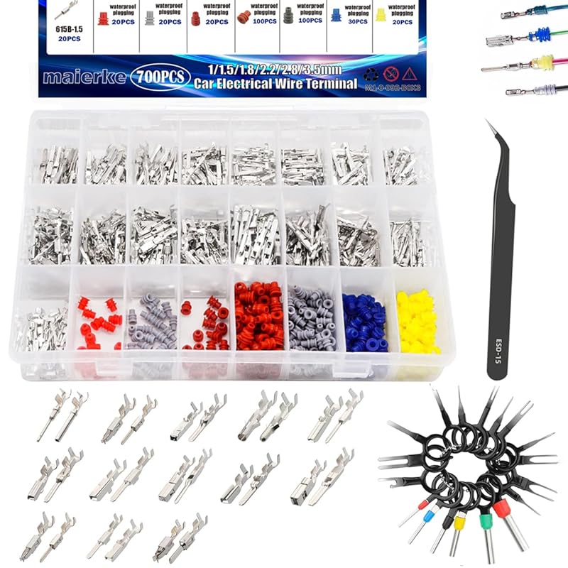 535PCS 26Type Pin Connectors Kit,Car Electrical Wire P 1/1.5/1.8/2.2/2.8/3.5mm Automotive Pin Connectors Kit Wire Removal Non-ulated Plug Male Female
