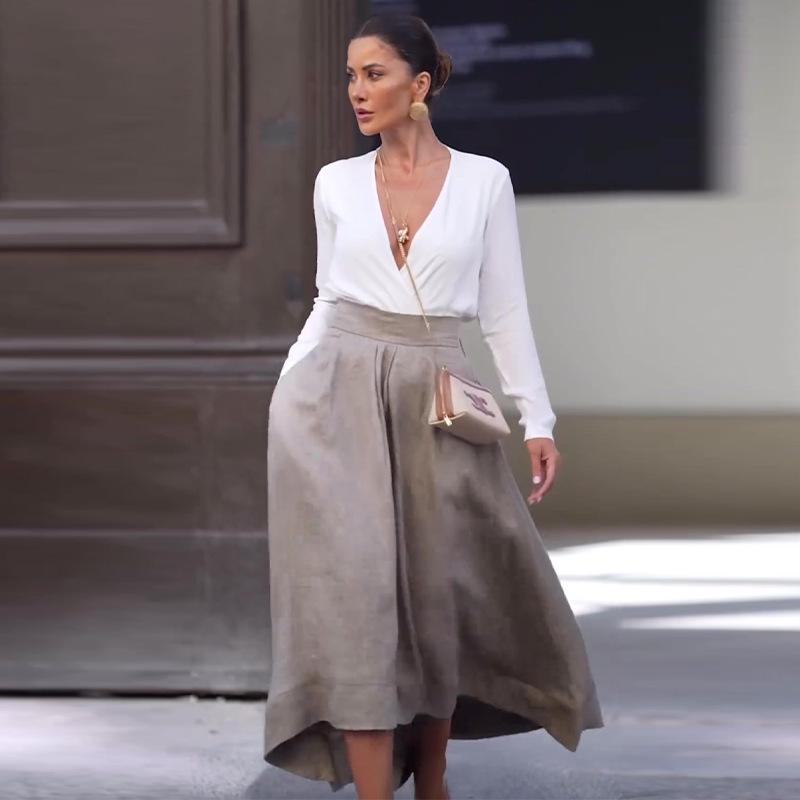 2024 Autumn European & American Solid Color Slimming Low-Cut Top & High-Waisted Skirt Set