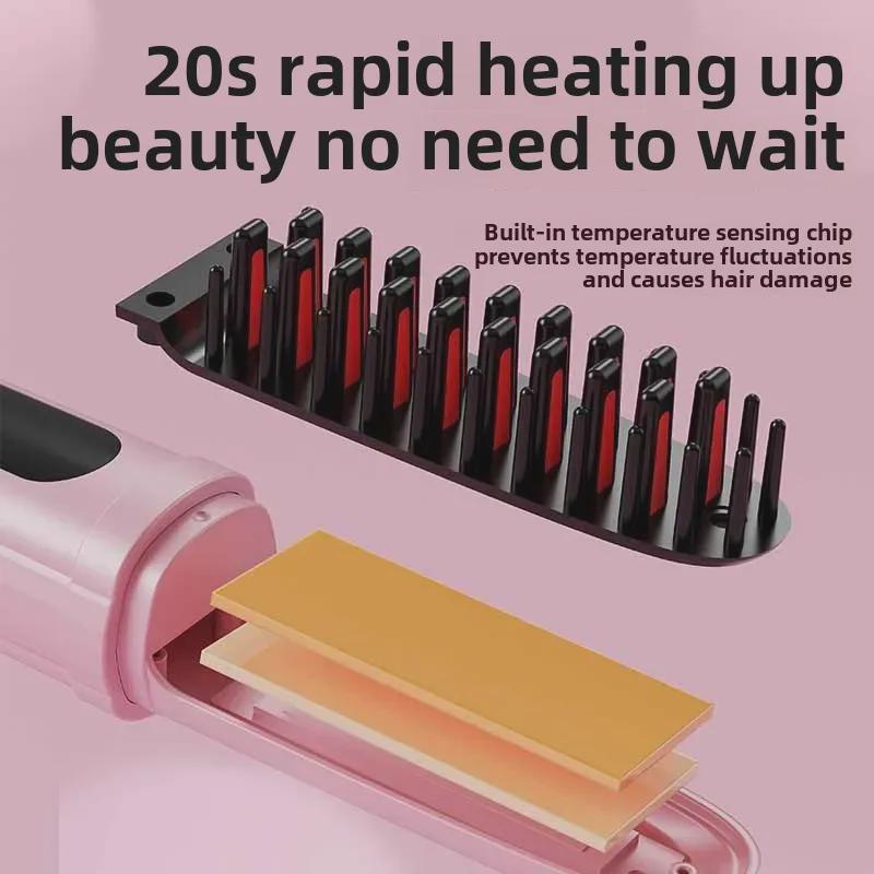 Беспроводная расческа для волос с отрицательными ионами: Двойное применение: выпрямление и завивка, безопасно для сухих и влажных волос, портативное и не повреждает волосы.