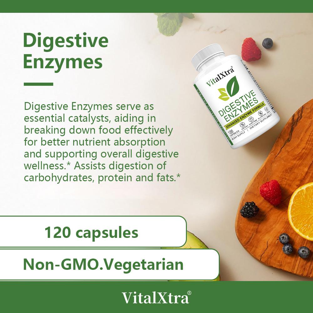 Digestive enzymes support the digestion of proteins, carbohydrates, fiber, and dairy products. 120 capsules.