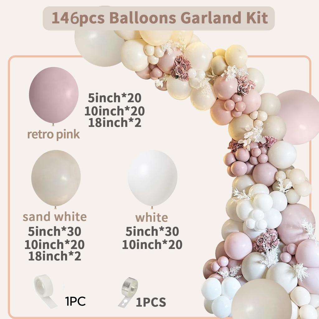 Fog Pink Sand White Boho Ballloons, 146pcs Blush Beige White Pink Balloons for Girl Women Baby Shower Bride Shower Party Decor
