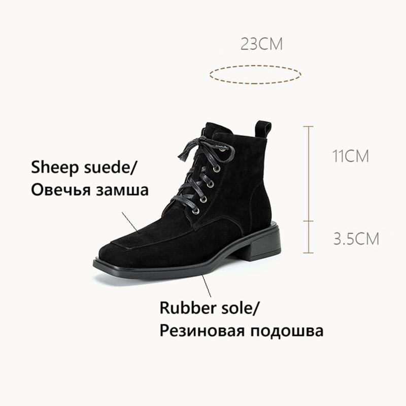 Fashion NEW Autumn Women Boots Sheep Suede Leather Shoes for Women Sqaure Toe Chunky Heel Shoes Lace-up Zipper Short Boots Daily Shoes