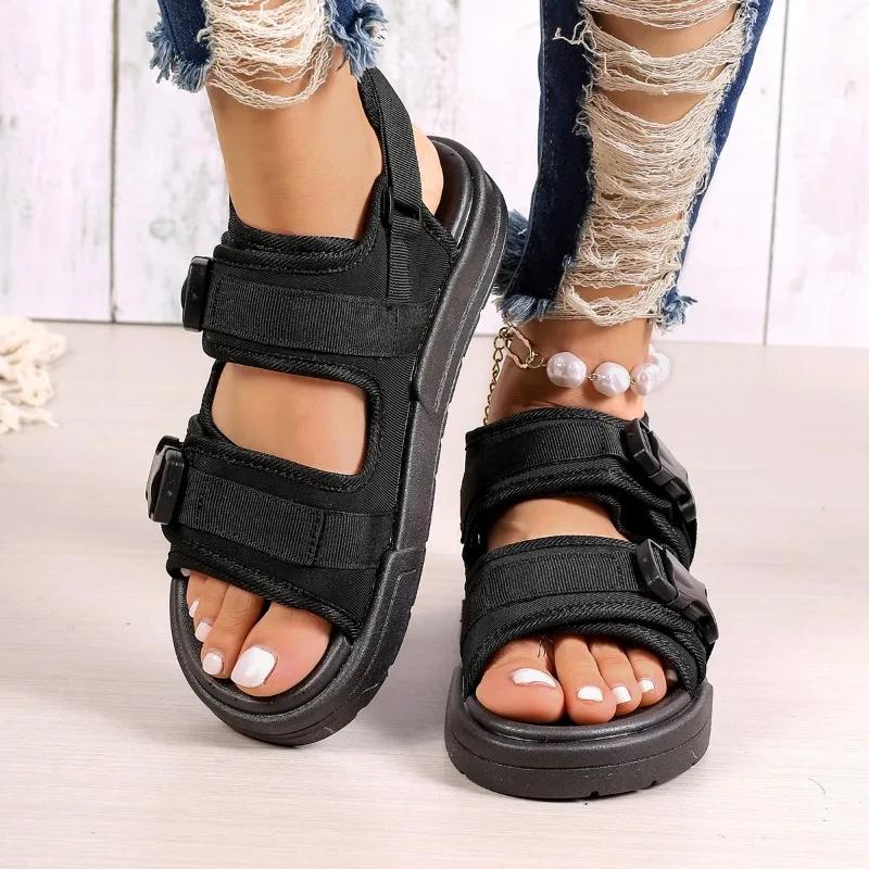 Летняя Высококачественная Женская Обувь Горячая Распродажа Большой Размер Модные Босоножки с Открытым Носком Однотонные на Среднем Каблуке с Пряжкой Римские Женские Сандалии