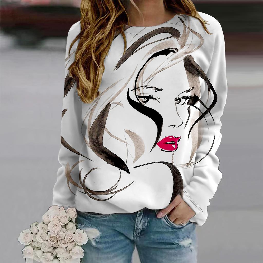 Fall Autumn Women'S Fashion O Neck Long Sleeve T-Shirt Loose Clothes Face Recognition Print T Shirt