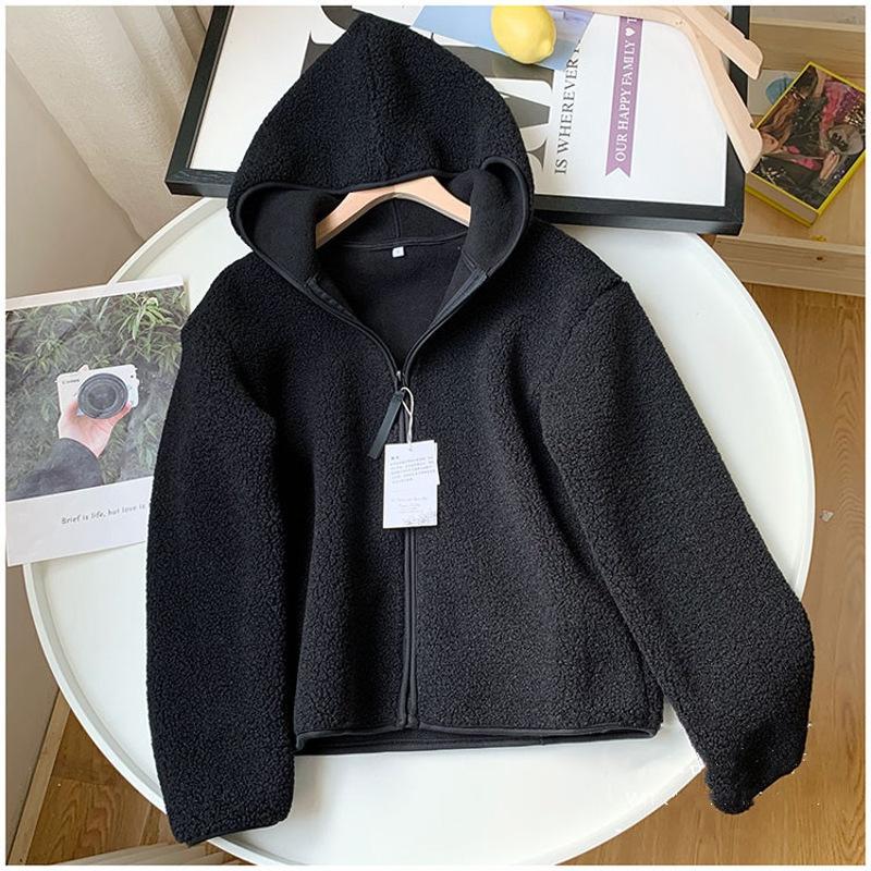 Autumn Winter Imitation Lamb Wool Coat Women Warm Polar Fleece Thicken Hooded Short Outerwear Woman Loose Cardigan Tops