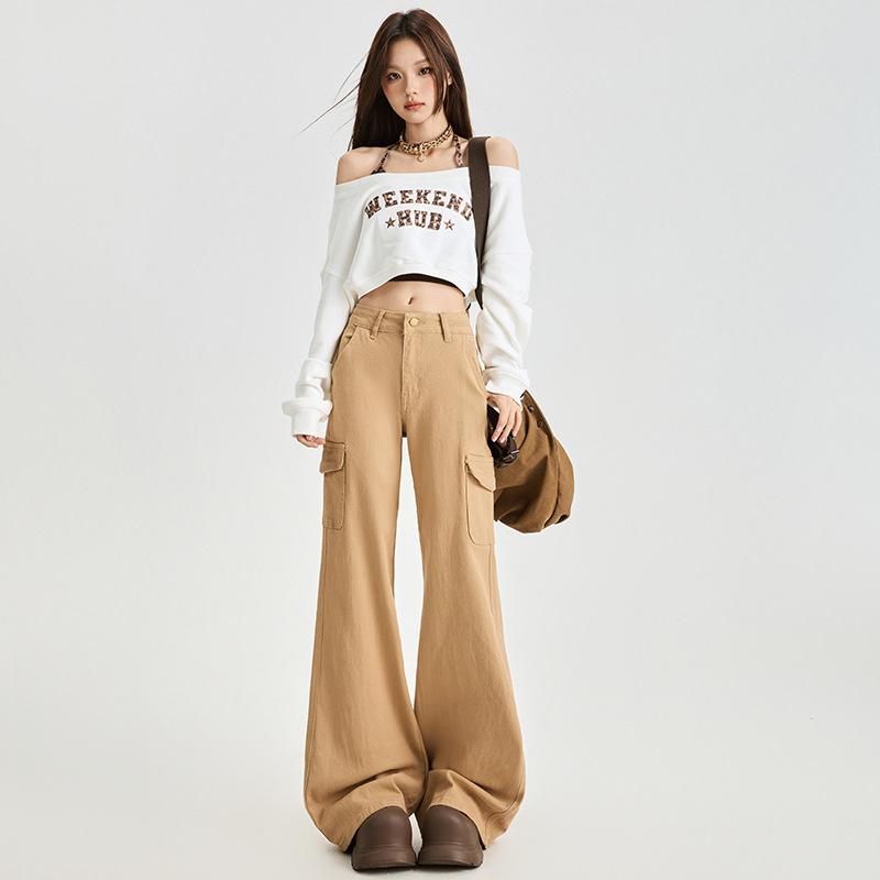 Khaki denim flared pants women's winter new thin design tooling pocket floor pants