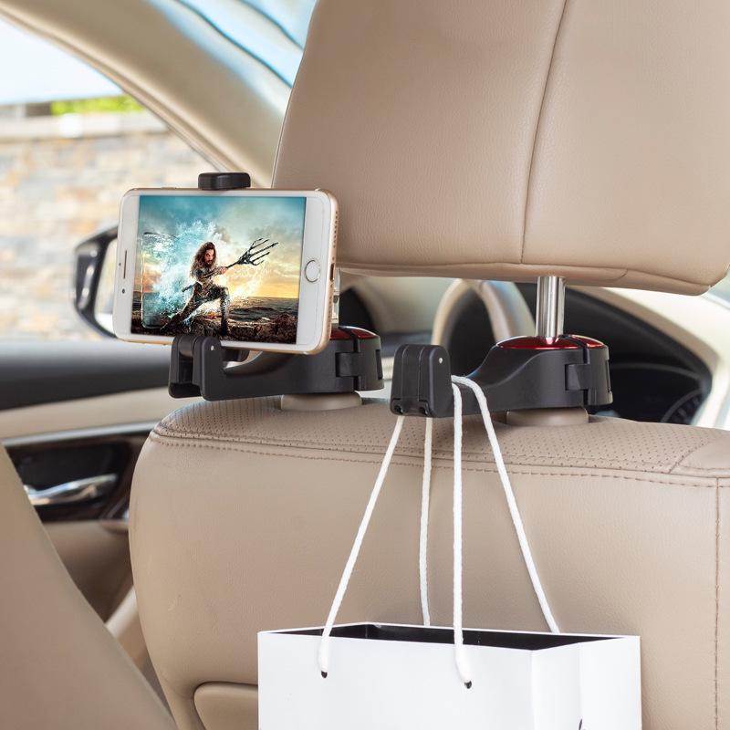 2 in 1 Car Headrest Hook with Phone Holder Seat Back Hanger for Cloth Foldble Clip Bag Handbag Purse Grocerys Organizer