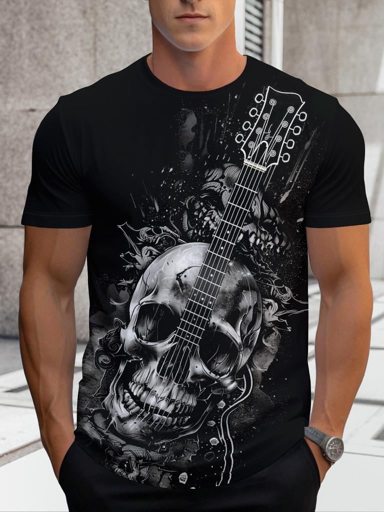 Quick-Dry Men's Short Sleeve Tee with Rock Style Skull & Guitar Prin