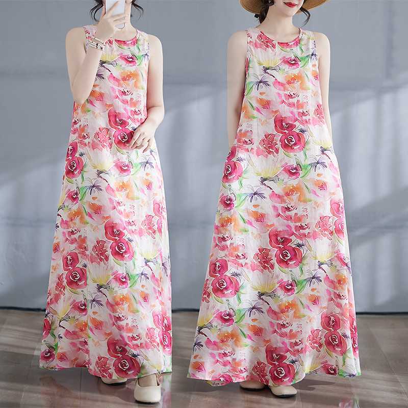 Новое бохо длинное платье лето новый стиль добавить жир для увеличения без рукавов с круглым вырезом принт платье