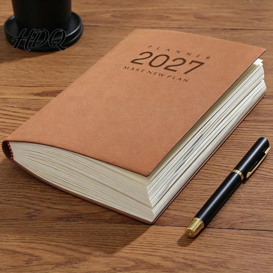 Ежедневник-блокнот для записей в стиле Flat Lay 2027 Ежедневный ежемесячный планировщик Повестка дня Винтажная обложка с текстурой овчины Плотная бумага Книга для бизнеса, офиса и личного использования