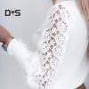 Women V Neck Hollow Lace Stitching Long Sleeve Shirt Faux Pearls Buttons Cuffs Solid Color Shirt Tops Streetwear