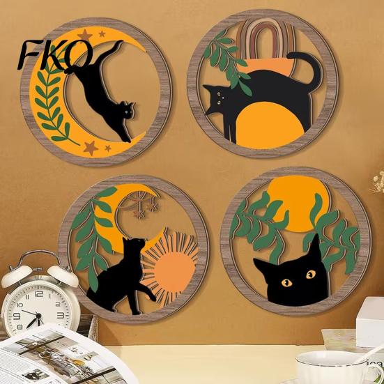Wooden Cat Wall Art 4Pcs 3D Boho Decoration, Round Hangings, Animal Star Sun Moon Retro Orange Decoration Botanical Decor, Layered Wood