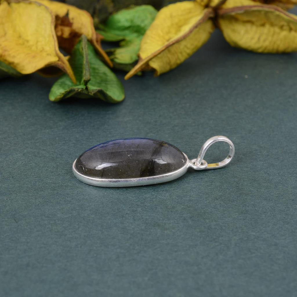 Кулон из лабрадорита Овальный кабошон Твердый 925 пробы Серебряный кулон с драгоценным камнем без цепных украшений для женщин или девочек - 3,75 г