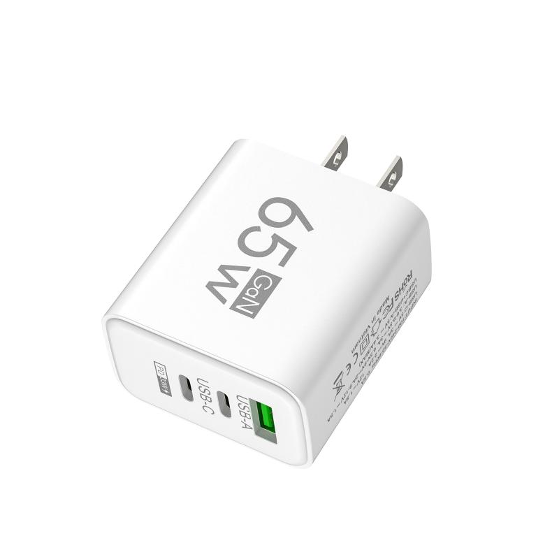 65W GaN Travel Charger EU Plug Dual USB C + USB A Port Fast Charging Wall Adapter Compact Charger for Phone Laptop Tablet