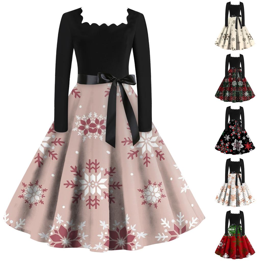 Женские рождественские повседневные модные винтажные платья с квадратным вырезом и длинными рукавами с принтом