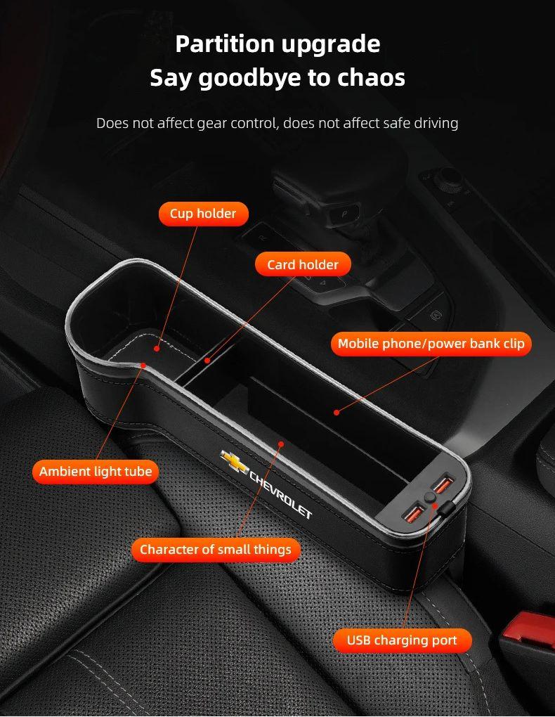 Car LED Lights Seat Gap Storage Box Cup Holder With USB Charging For Chevrolet Spark Captiva Cruze Malibu Equinox Trax Camaro GN7