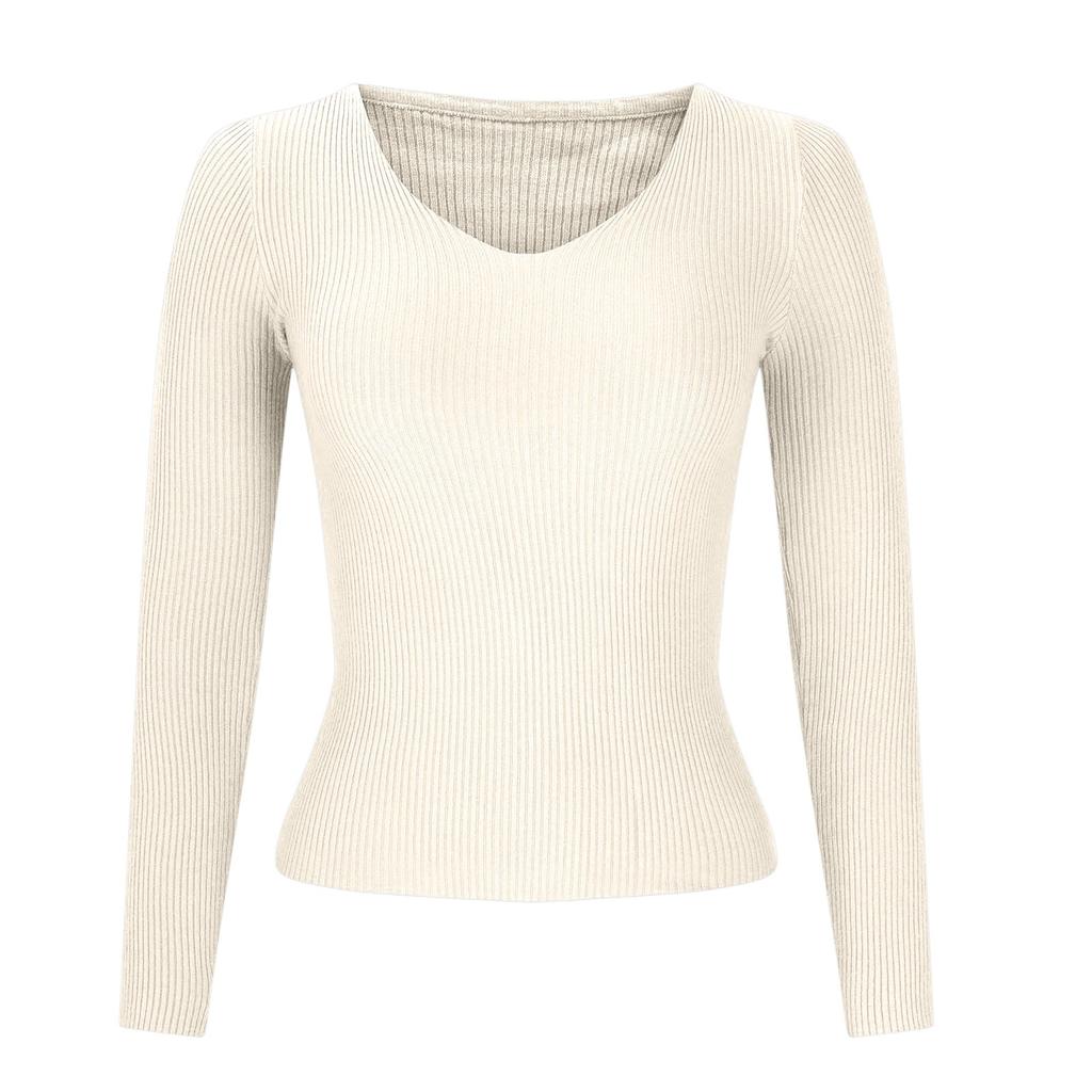 Women's Fashion V-Neck Slim Sweater Long Sleeve Pullover Solid Colour Top