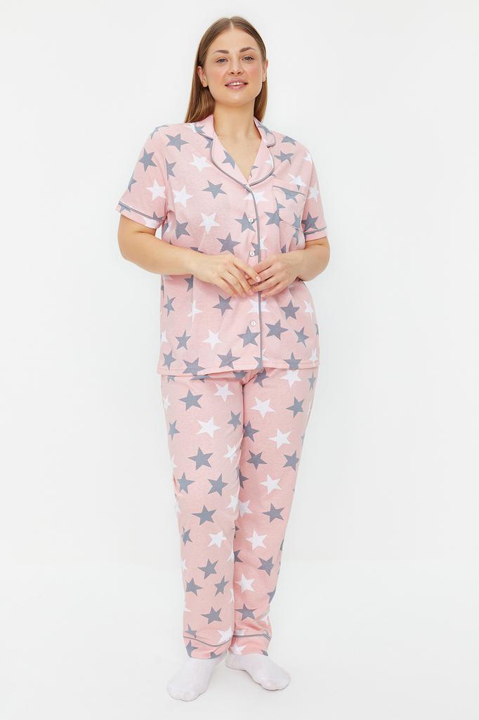 Women's Fashion New Plus Big Size Pajama Set Powder Star Patterned Shirt Collar Knitted Pajama Set