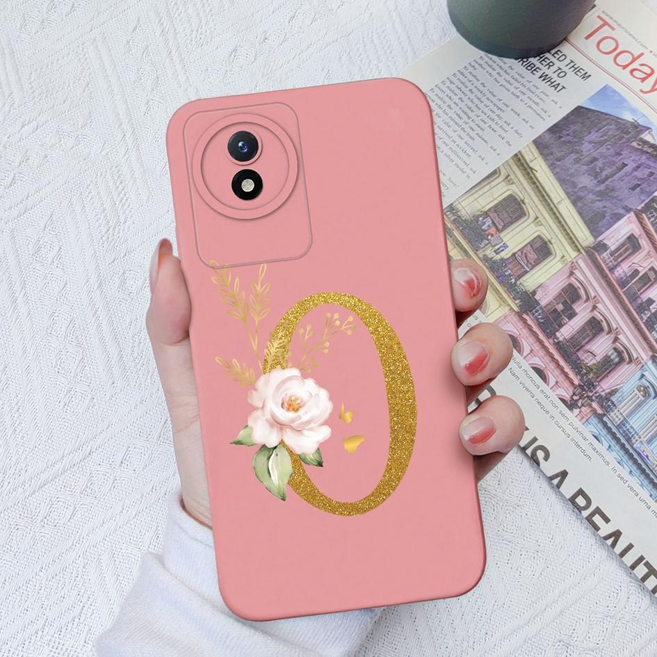 Чехол для телефона Vivo Y02S Y11 Y12 Y15 Y16 Y17 Y19 Y20 Y21 Y30 4G 5G Роскошный защитный жидкий мягкий силиконовый чехол с цветочными буквами для Vivo Bumper Coque