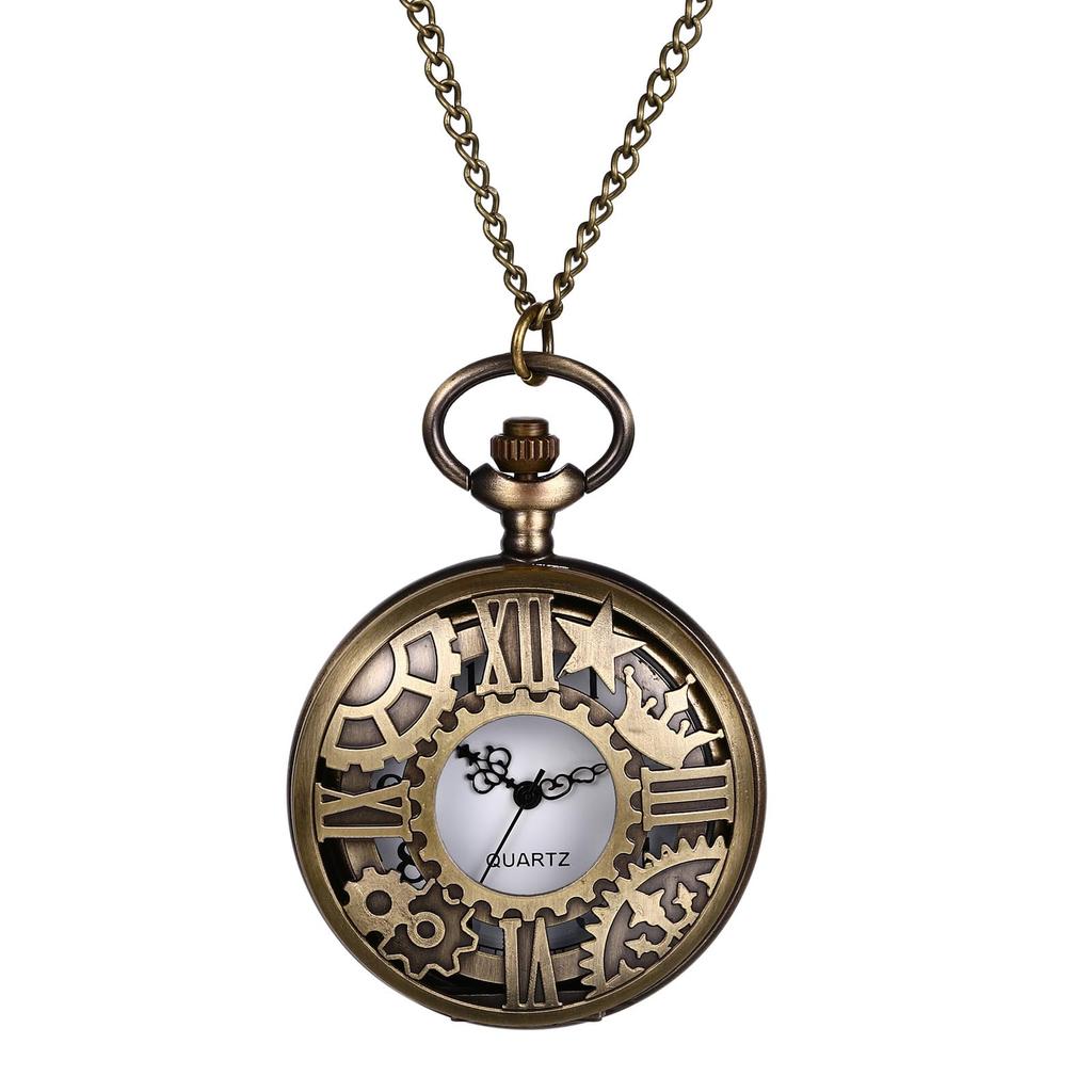 Pocket Watch Antique Retro Skeleton Gear Crown Pendant Watch Chain Necklace Pocket Watch Bronze