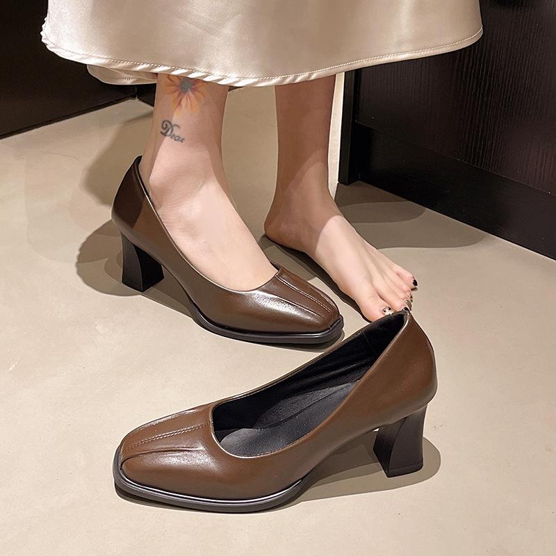 Осень новая французский квадратный носок светлый рот толстый каблук темперамент универсальный с юбкой туфли-лодочки на высоком каблуке