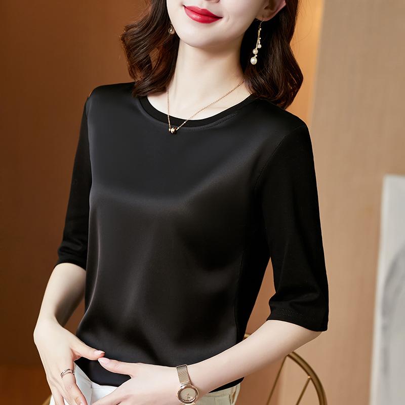 Футболка с рукавом 7 четвертей из ацетатного атласа на основе для женщин, весенняя, новая, модальная, с круглым вырезом, универсальная, маленькая рубашка