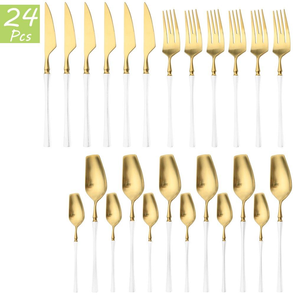 24Pcs Red Gold Cutlery Set 18/10 Stainless Steel Tableware Vintage Knife Fork Coffee Spoon Dinnerware Set Wedding Kitchen Silverware