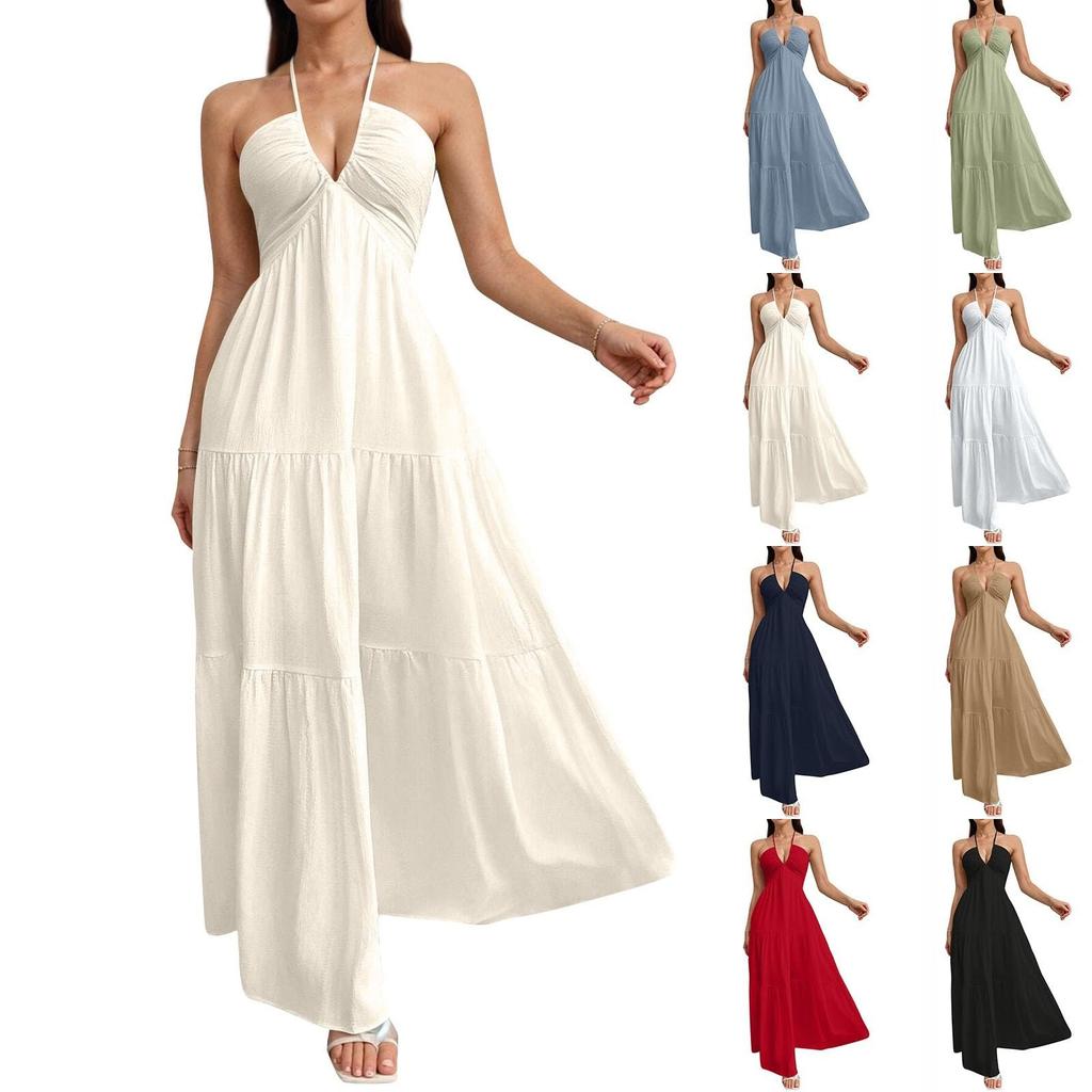 Women's Summer Casual Fashion Solid Color Dresses V-Neck Sleeveless Dresses