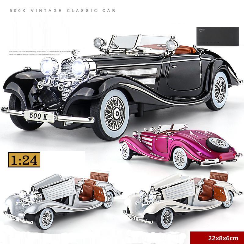 1/24 Benz 500K Классическая старинная игрушечная машинка для детей Литая модель из сплава Миниатюрная модель Звуковая коллекция со светом Подарок на день рождения для ребенка
