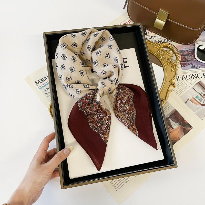 Herringbone Cashmere Blend Square Scarf Women Lightweight Vintage Print Neck Wrap 65x65cm Elegant Accessory